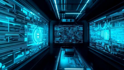 Immersive digital operations room with glowing data walls and centralized analytics screen, secure monitoring environment and advanced computing infrastructure - Powered by Adobe