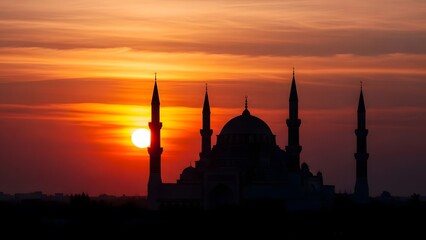 Silhouette of a mosque with minarets and domes against a vibrant sunset sky image