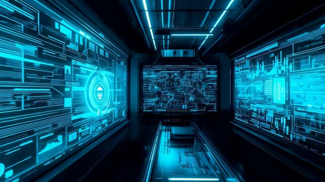 Immersive digital operations room with glowing data walls and centralized analytics screen, secure monitoring environment and advanced computing infrastructure