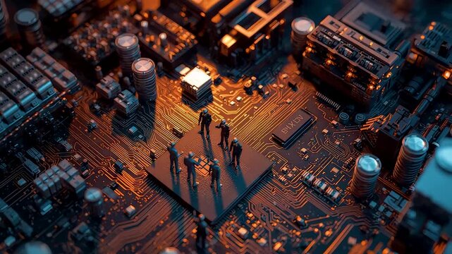 Miniature people working on giant electronic circuit board with glowing components, advanced microtechnology environment and complex digital infrastructure