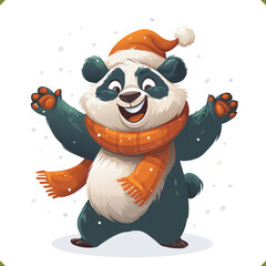 Vector illustration of a joyful winter panda wearing a hat and scarf, playing in snow, isolated on a white background