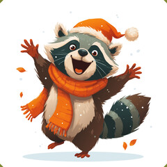 Vector illustration of a joyful raccoon wearing a Santa hat and scarf, dancing in falling snow, isolated on a white background