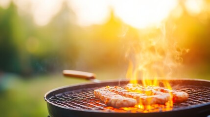 Grilled Sausages on BBQ with Flames and Garden Bokeh, barbecue , grilling