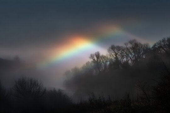 Fogbow appearing over misty dark forest in nature