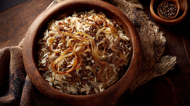 Traditional Middle Eastern mujadara with lentils, rice, and caramelized onions, rustic bowl