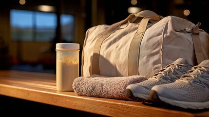 Fototapeta premium Gym essentials on a locker room bench, gym bag, water bottle, glass of creatine or protein powder, sneakers, and towel neatly arranged, warm lighting highlighting textures and fitn