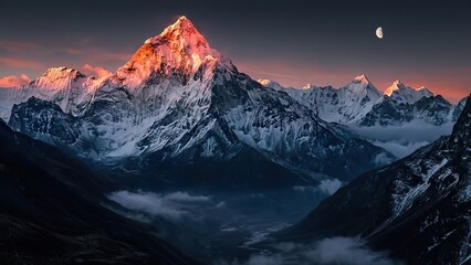 Fototapeta premium Snowy mountain peak at sunrise with moon in the sky, Himalayan landscape