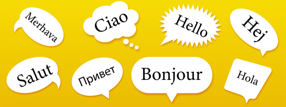 World hello day banner with bubbles