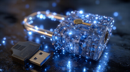Digital security visualization, locked padlock and USB flash drive on dark surface, blue LED glow reflecting on nearby surfaces, concept of safe data storage