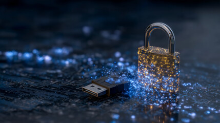 Locked padlock next to USB flash drive emitting blue light, digital data security concept, sleek reflective surface, dark tech-inspired background highlighting cybersecurity