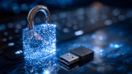Locked padlock next to USB flash drive emitting blue light, digital data security concept, sleek reflective surface, dark tech-inspired background highlighting cybersecurity