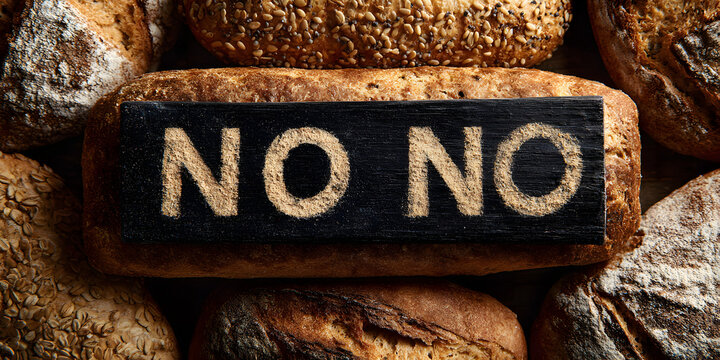 No bread. Say no to flour while dieting. Gluten intolerance and the concept of a gluten-free diet. No gluten. No calories. The inscription "NO".