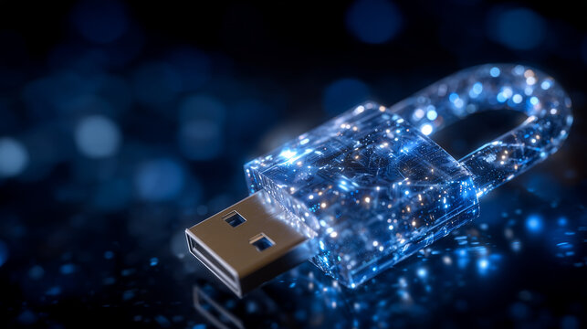 Close-up digital security composition, locked padlock and USB drive, blue light highlighting contours, abstract dark background, emphasizing safe storage of sensitive data