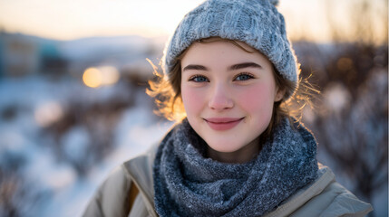 Winter park scene at sunset, smiling teen in warm clothing, soft light illuminating cheeks, snow lightly covering the ground, warm and tranquil winter vibe