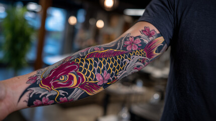 Japanese-style tattoo artistry, tattoo artist showcasing forearm with vibrant koi fish and cherry blossom design, detailed textures, professional studio lighting emphasizing rich c