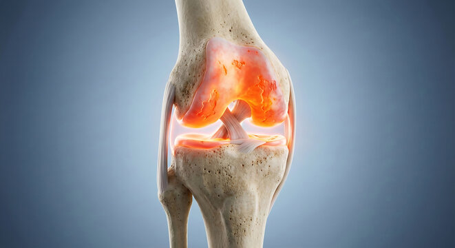 Illustration depicting a painful knee joint with inflamed areas highlighting arthritis or injury