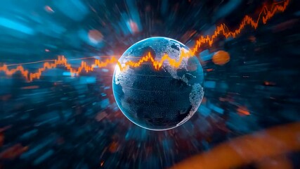Glowing planet surrounded by dynamic energy waves and market signals, global data activity visualization showing economic momentum and digital connectivity - Powered by Adobe