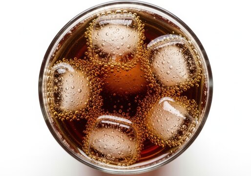 Top view of a refreshing cola drink with ice cubes transparent background