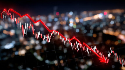 Falling stock chart with red and black indicators, sharp decline emphasized with arrows, abstract trading background, concept of financial crisis and investment risk