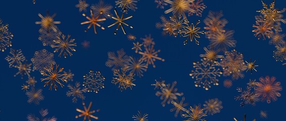 Artistic rendering of glowing golden snowflakes against a deep blue sky. Evokes winter, christmas, and holiday c