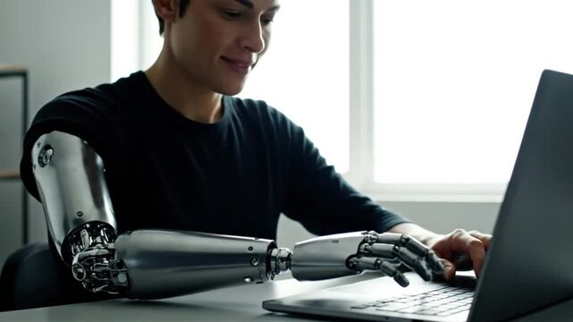 Young person with advanced bionic arm typing on a laptop, embracing future technology