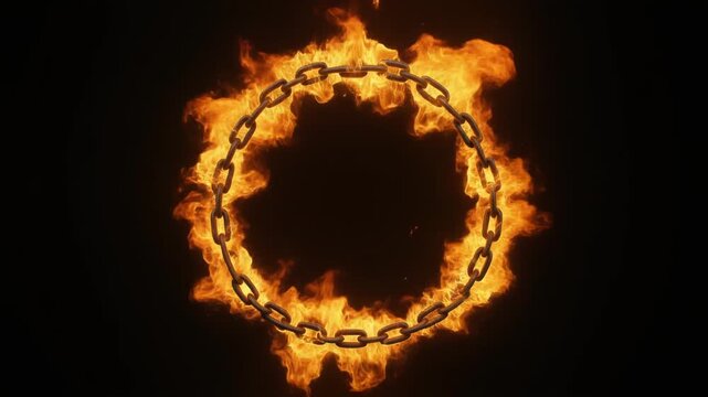 Fiery Chain Ring Burning Brightly Against Dark Background.