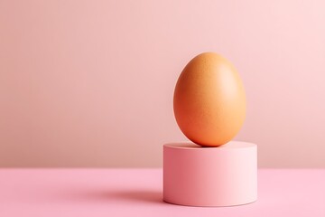 Brown egg balancing on pink cylindrical pedestal