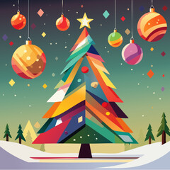 Colorful Geometric Christmas Tree Illustration &mdash; Modern Abstract Holiday Trees with Ornaments, Flat Vector Collection