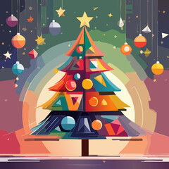 Colorful Geometric Christmas Tree Illustration &mdash; Modern Abstract Holiday Trees with Ornaments, Flat Vector Collection