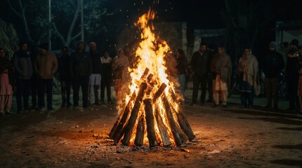 Lohri celebration background with large bonfire.