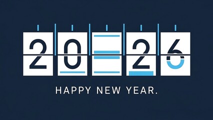 Digital flip clock style display showing 2026 with happy new year text on dark blue background digital clock