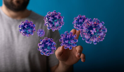A person interacting with floating virus illustrations representing disease, infection, and medical concepts w