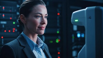 Confident businesswoman approves data center operation, thumbs up in server room - Powered by Adobe
