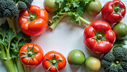Fresh vegetables including red tomatoes, green limes, and broccoli arranged on a white background