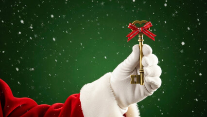 Naklejka premium Man hand wearing Santa Claus glove holding a vintage brass key with red ribbon against green background with falling snow. Christmas concept.