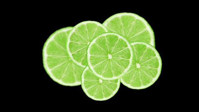 lime on black background. lemon Slice rotation 2D animation Background, Fresh lemon slices pattern black backgrond