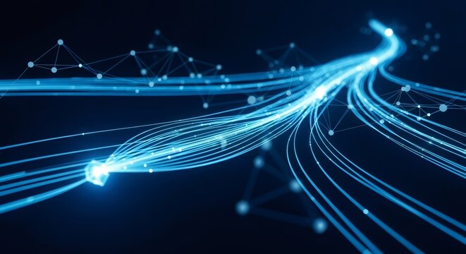 Abstract light trails representing fiber optic network and data transmission. Modern communication and internet technology for digital connection.