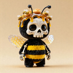 A cute and creepy art toy of a bumblebee with a skull face, dripping with honey and crowned with smaller bees. A gothic kawaii concept figure.