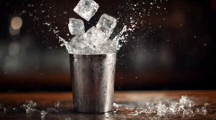 Dramatic ice cubes splashing out of a dark cocktail shaker.
