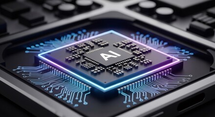 Artificial intelligence microchip on a circuit board. AI processing unit for computer technology. Semiconductor innovation and future data analysis.