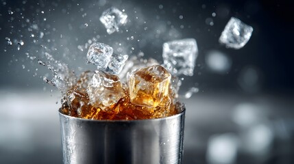 Dramatic ice cubes splashing out of a dark cocktail shaker.