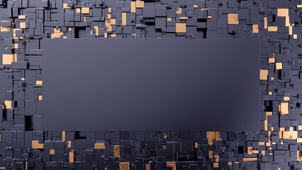 "Elegant Geometry: A Dark Background with Gold and Black 3D Cubes"