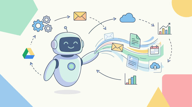 Friendly cartoon robot assistant automating a digital workflow with icons for email, cloud storage, data analytics, and scheduling in a modern flat illustration style