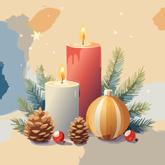 Festive Christmas Candle Illustration &mdash; Cozy Holiday Candles with Pine Branches and Ornaments, Watercolor Style Vector Collection