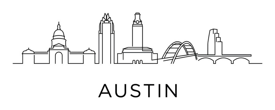 Famous Texas city skyline line art illustration with iconic landmarks like a capitol building and arched bridge, drawn in a clean, minimalist black and white vector style