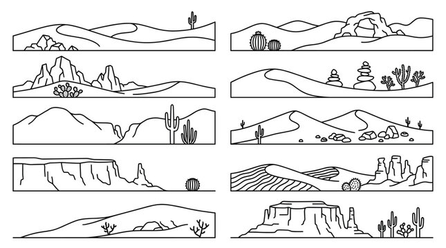 Set of desert landscape line art illustrations showing various scenes with sand dunes, saguaro cacti, mesas, and canyons in a simple, minimalist outline style