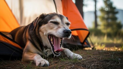 Cute dog camping inside vibrant orange tent, yawning widely with eyes closed after long day. Tired dog camping enjoying outdoor adventure, relaxing on ground within cozy camp setup.
