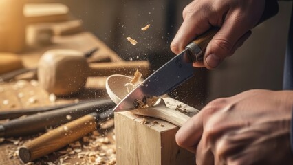 Skilled hands wood carving, shaping timber with sharp knife, producing shavings. Close up wood carving creates artistic wooden spoon, surrounded by chips. Wood carving for hobby, artisan, craft.