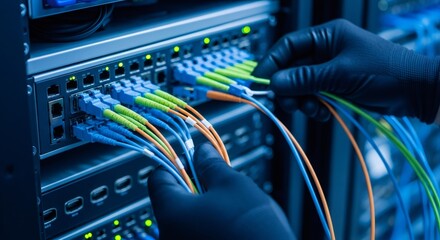 Man connecting fiber optic cable to network switch. IT technician working on server equipment in data center. Information technology and communication concept.