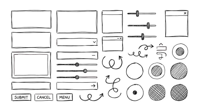 Hand-drawn sketchy user interface elements, including input fields, sliders, buttons, and various arrows, are neatly arranged in a creative, doodle-style design for web and app prototyping